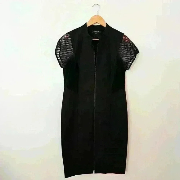 Lafayette 148 Black Cotton Sheath Dress Mesh Short Sleeves SZ 10 Modest Career - Picture 1 of 6